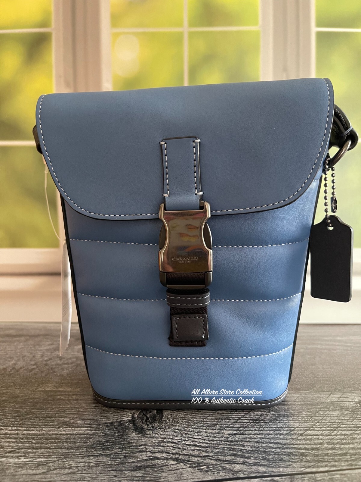 Coach Men Track SkyBlue Leather Crossbody Small Flap Quilting Shoulder Bag
