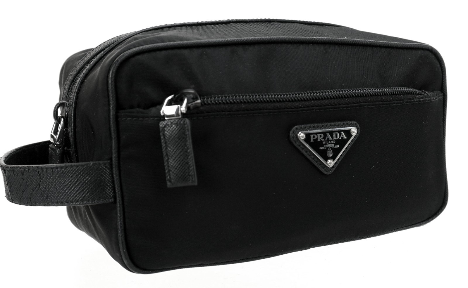 PRADA Black Tessuto Nylon Leather Travel Toiletry Dopp Clutch Bag Italy Unisex