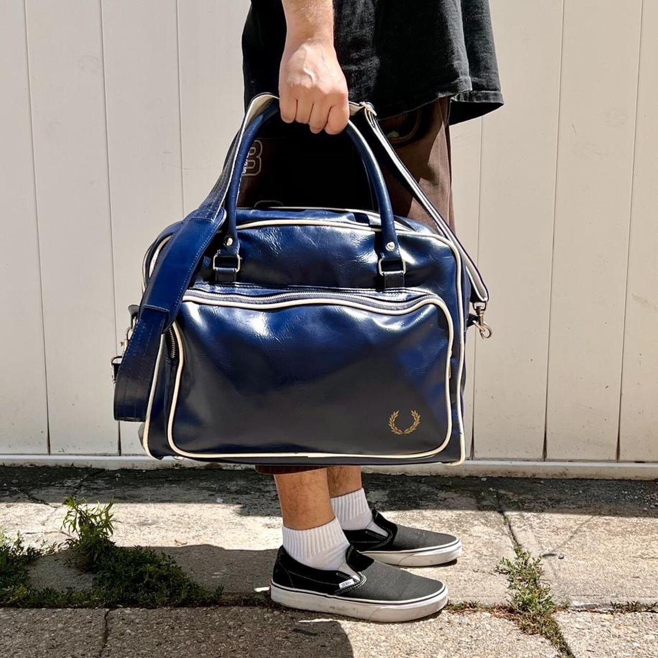 Fred Perry Holdall Leather PVC Blue/White Large Duffle Bag Luggage Carry On Bag