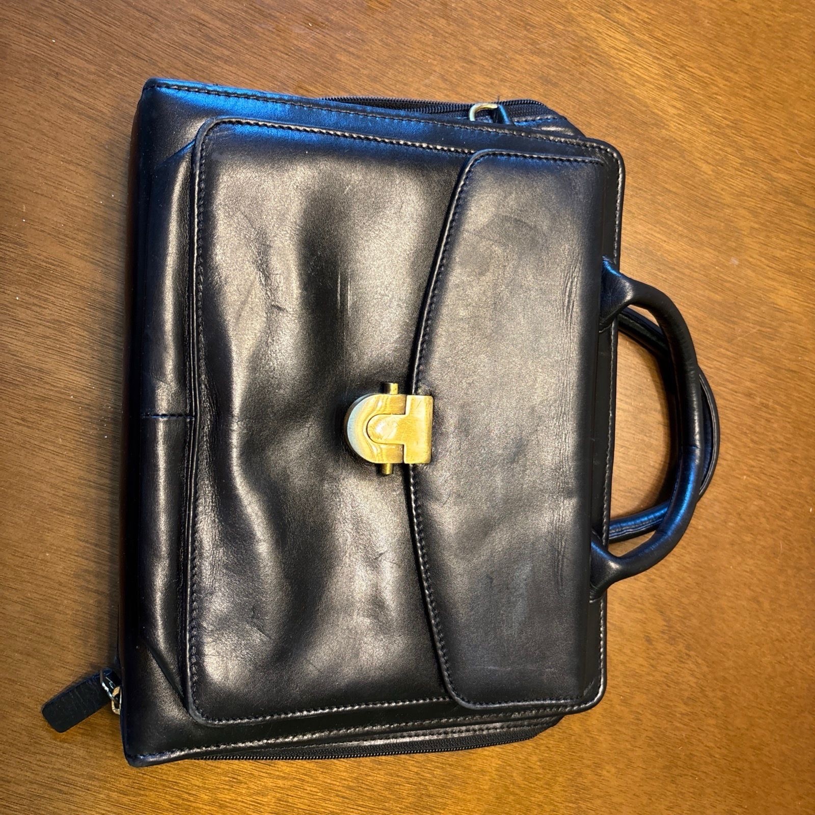 Bosca Black Briefcase Brass Hardware Push Lock Zip Top Handle Outer Pockets