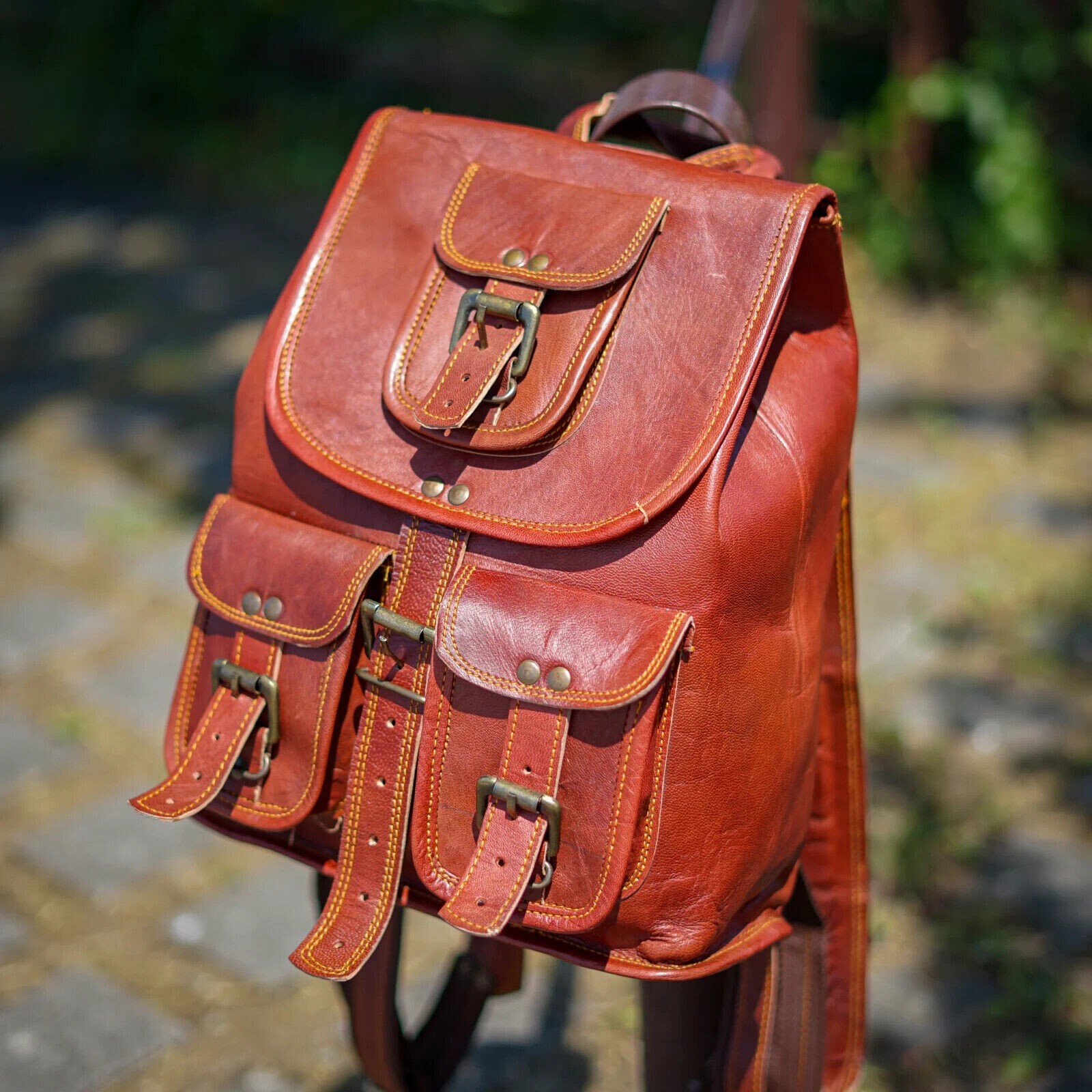 New 15″ Lambskin Leather Backpack Bag Men Vintage Laptop Rucksack Satchel Travel