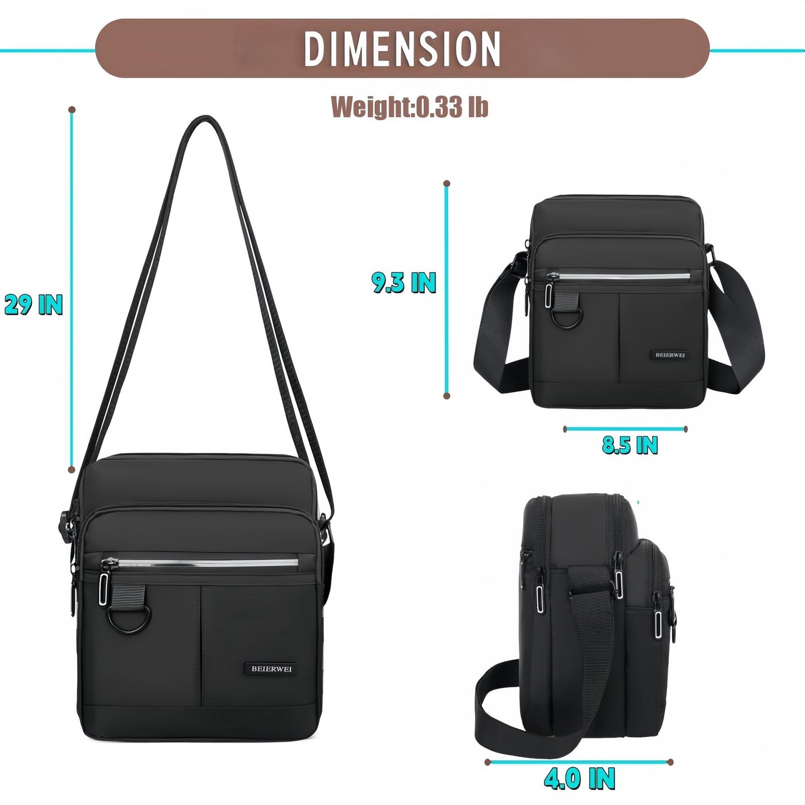 Small Waterproof Messenger Crossbody Shoulder Bag for Men Black