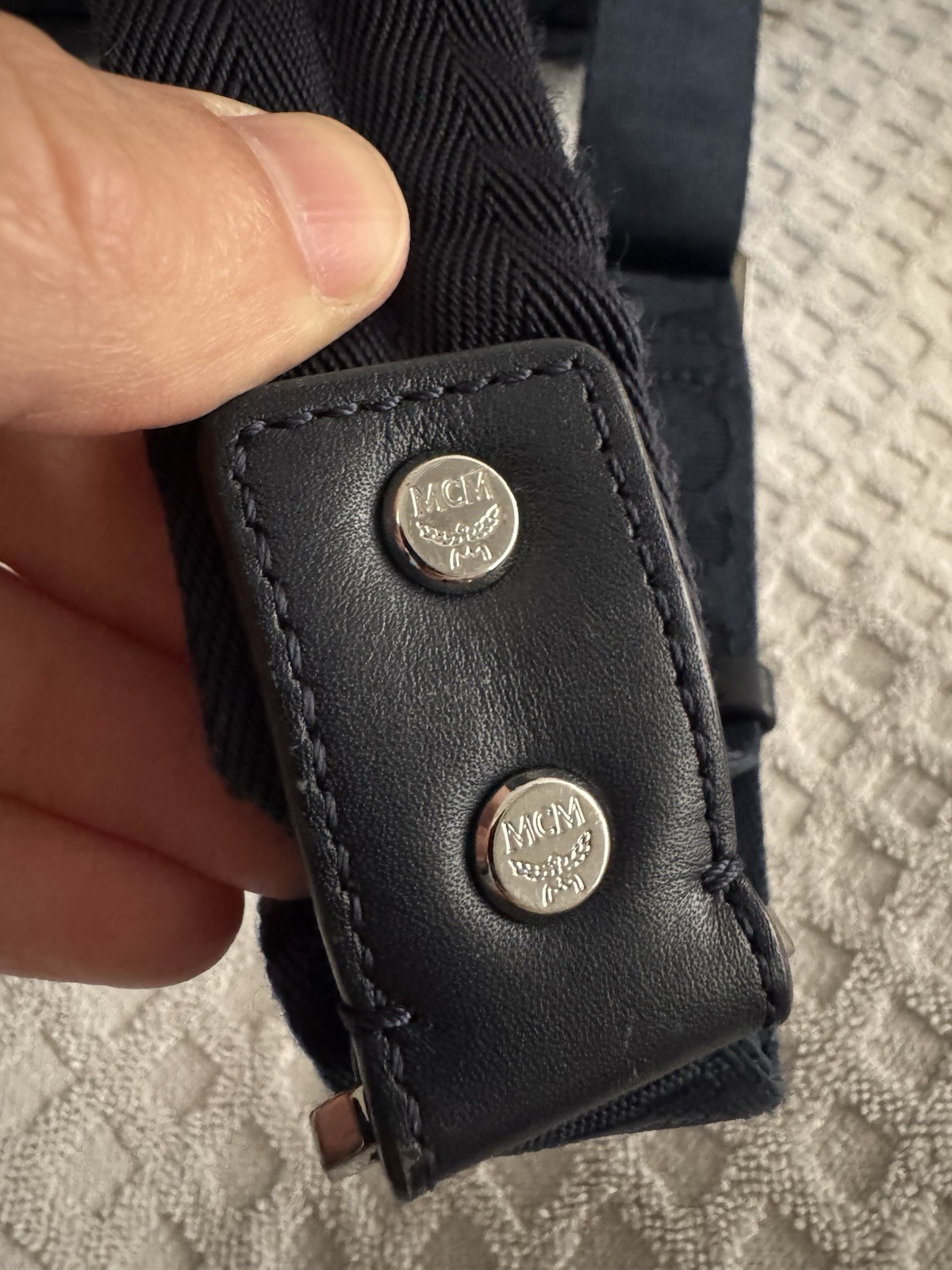 MCM Dieter Two Pocket Monogram Visetos Nylon Leather Flap Backpack Navy Blue Bag