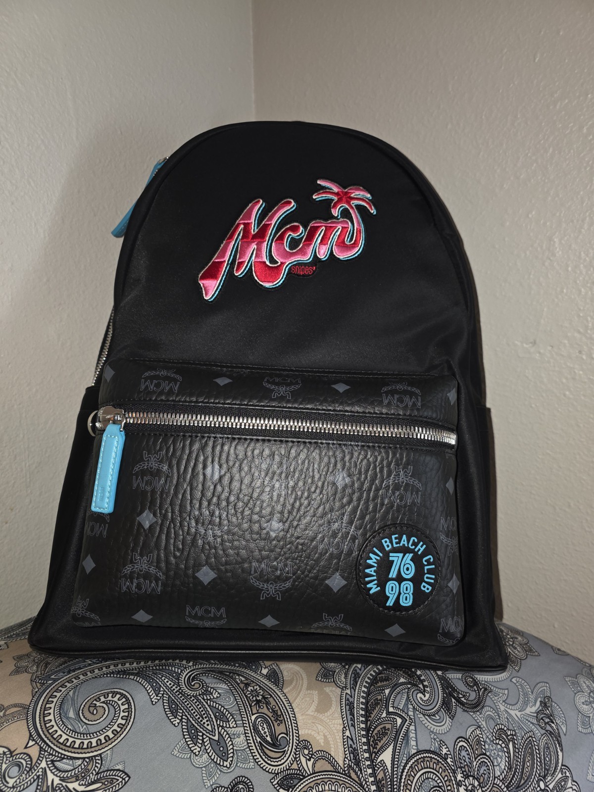 MCM Medium Stark Black Blue Red Pink Nylon Leather Backpack