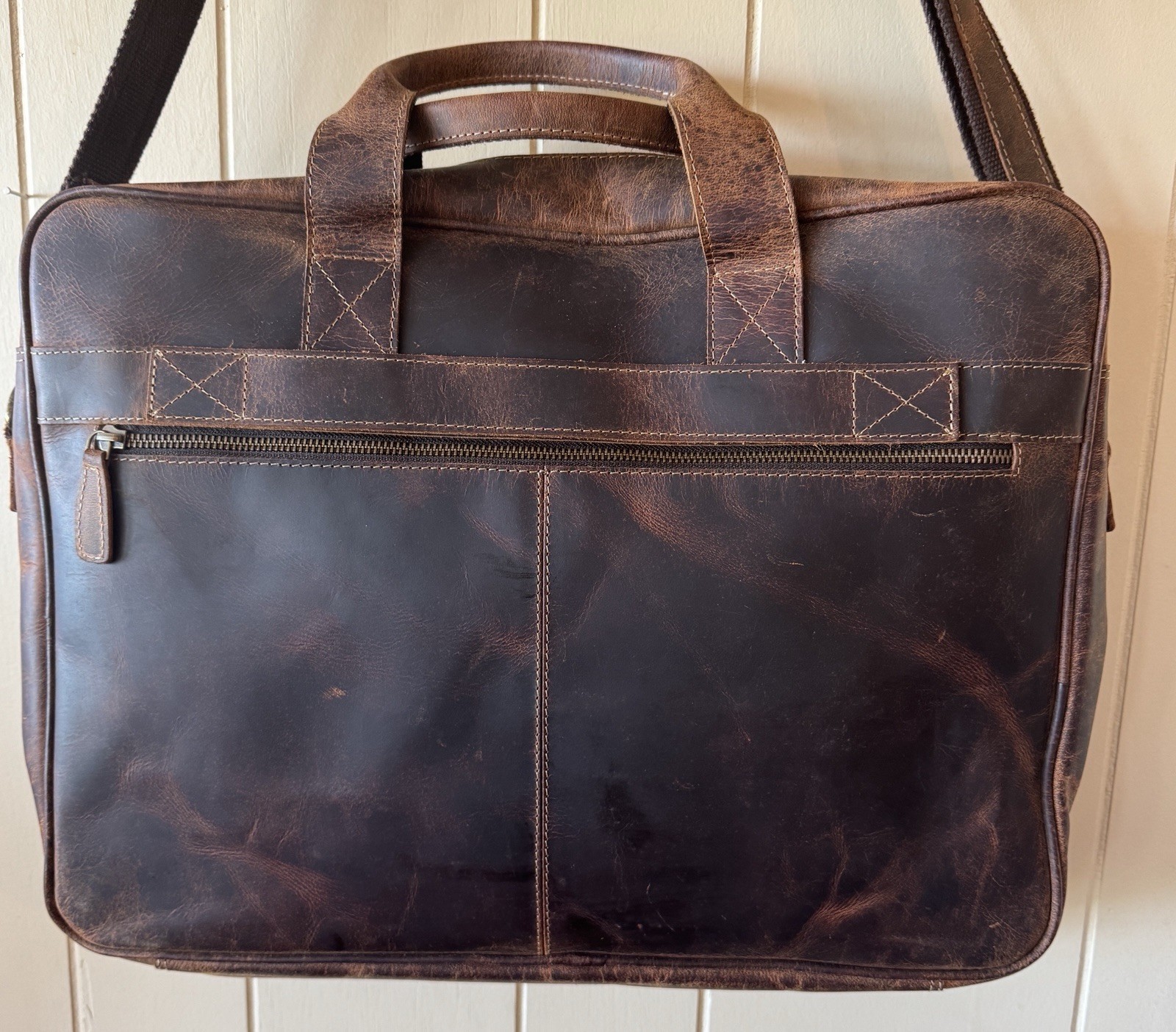 KomalC Full Grain Leather Messenger Laptop Bag 18” Brown Distressed Briefcase EC