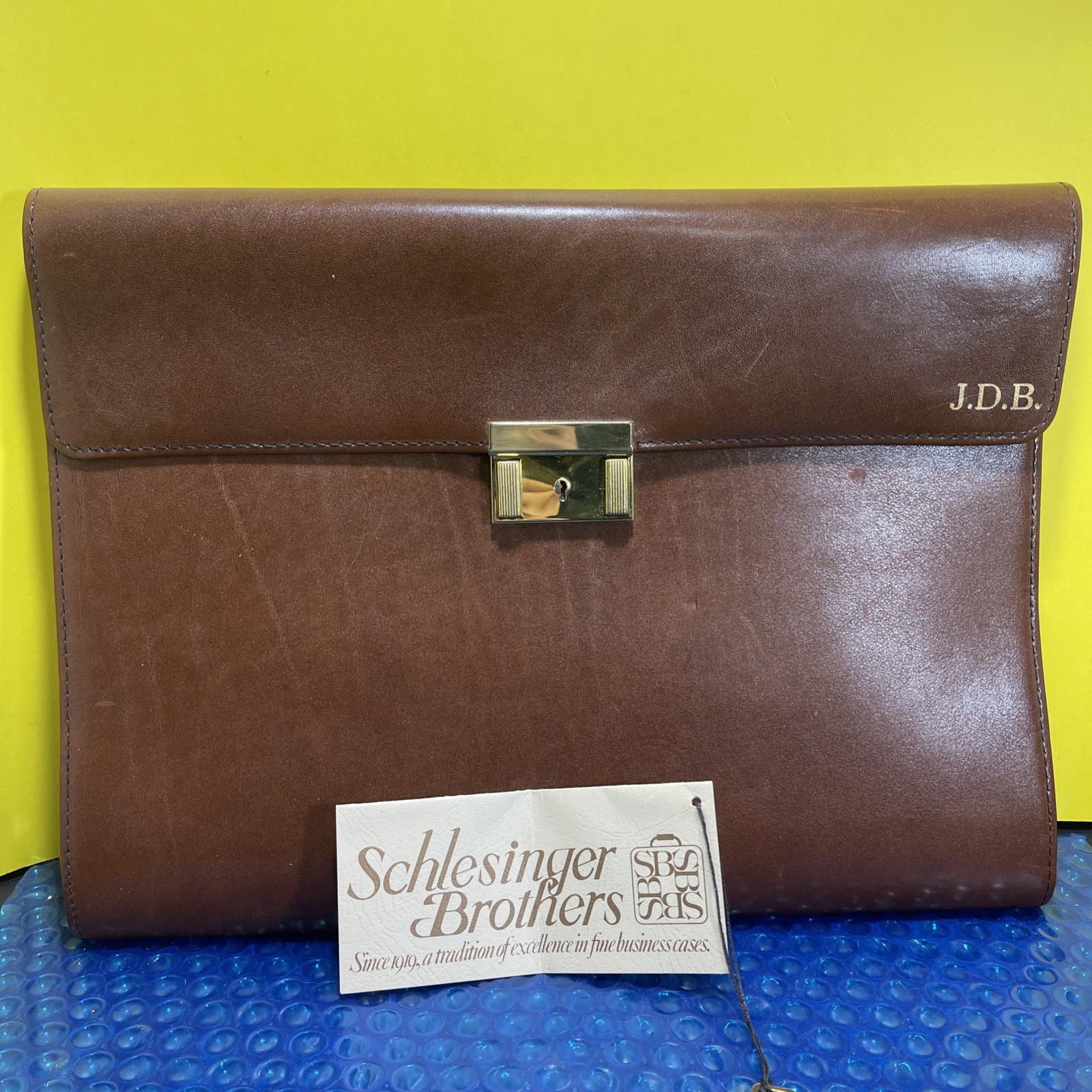 Vtg Schlesinger Brothers California Ranch Hide Leather Document Briefcase W Key
