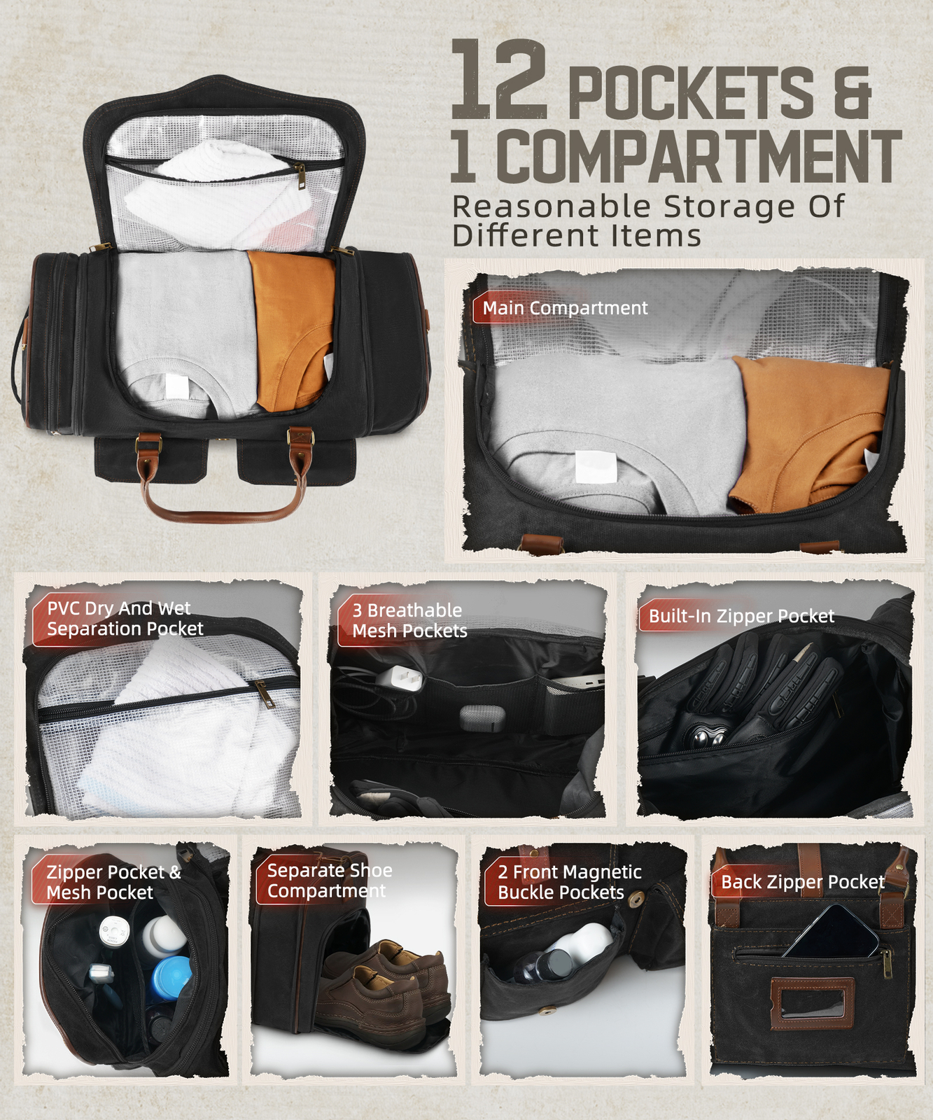 Large Travel Duffel Bag Expandable Weekend Luggage Sports Backpack Shoulder Bag