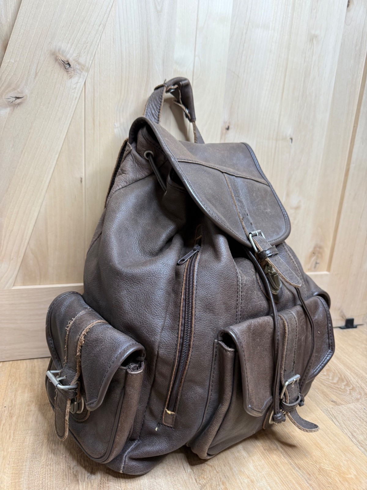 Vintage XL Genuine Cowhide Leather Backpack Brown Drawstring Buckle Flap Multi P