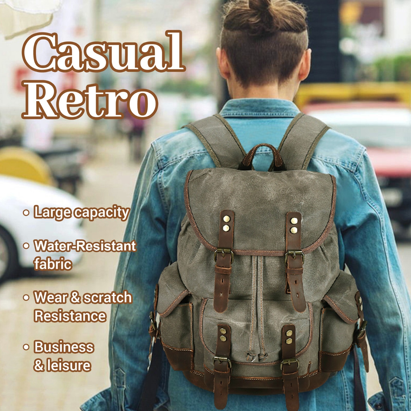 HuaChen Waxed Canvas Leather Backpack Travel Hiking Rucksack Camping School Bag