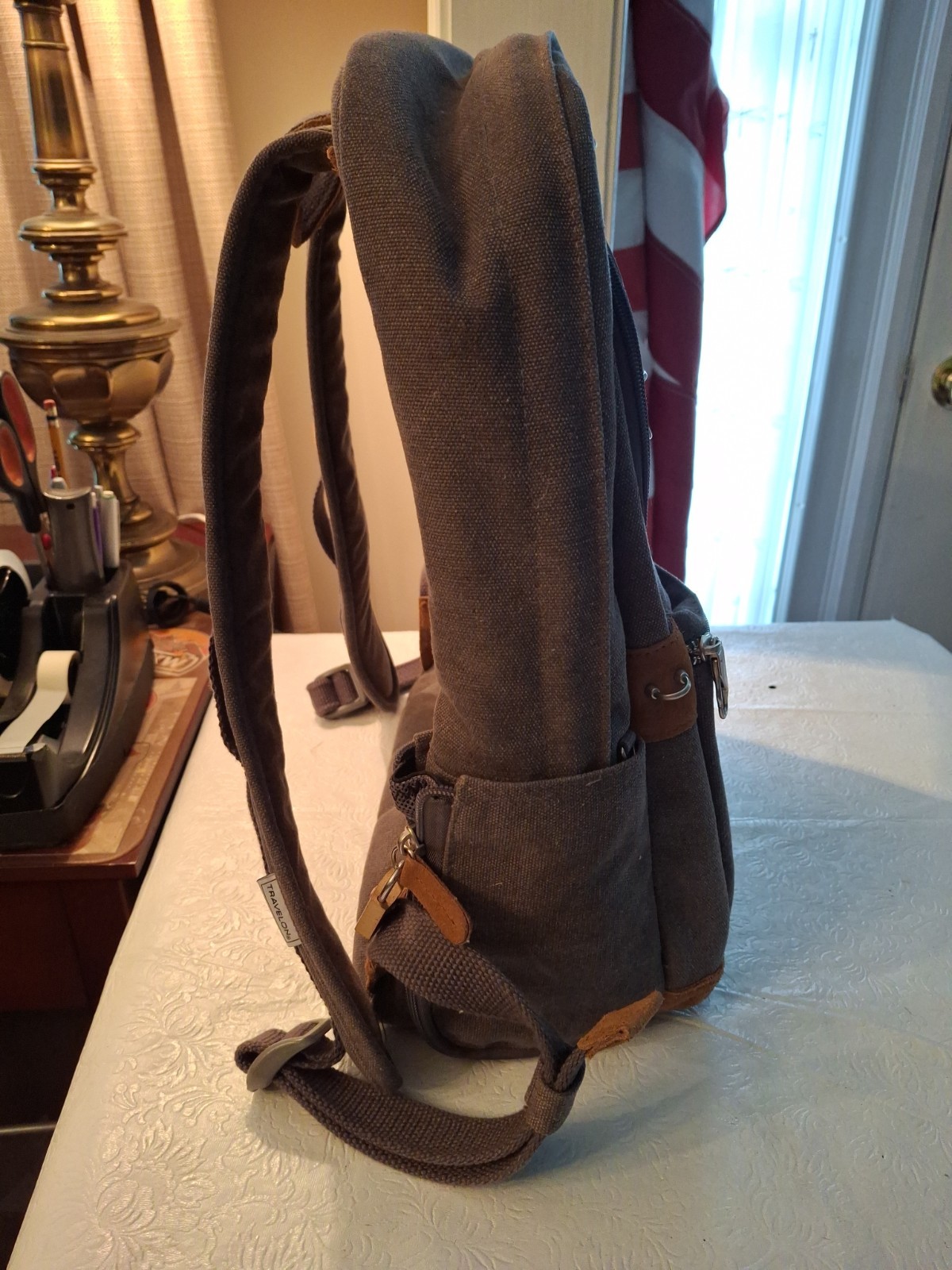 Travelon AntiTheft Heritage Collection Laptop Backpack Gray Canvas w/Suede Nw/oT