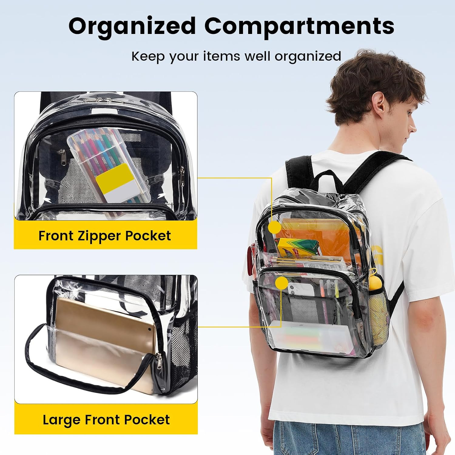 Clear Backpack Heavy Duty, Large Transparent Clear Bookbag, Black | See through