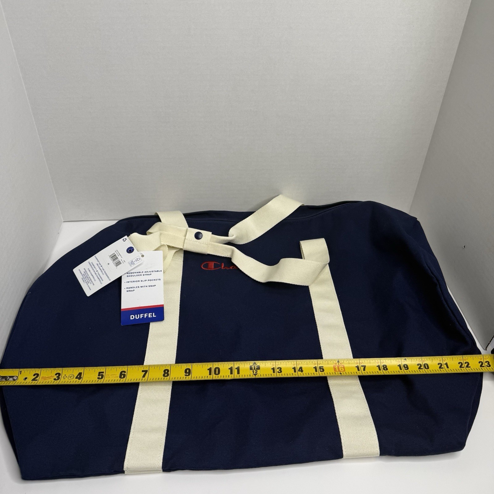 Champion Navy Blue Canvas Duffel Bag Cream Straps Removable Shoulder Strap NWT