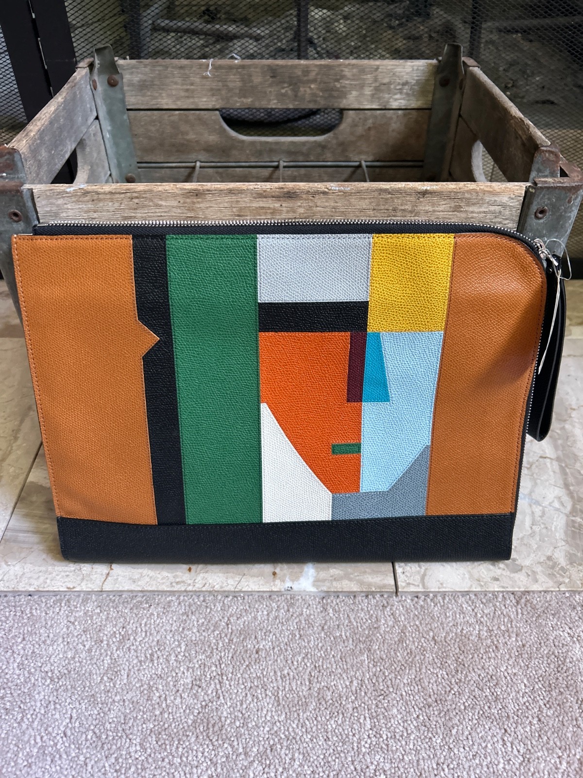NWT $2,255 VALEXTRA Mylogo Viso Portfolio Leather Clutch – Black / Multicolor