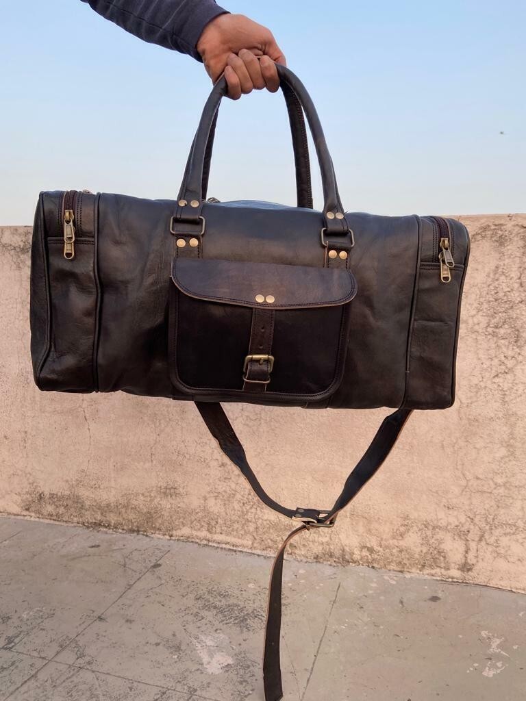 Large BLACK Duffle Men Genuine Leather Travel Luggage Gym Weekend Overnight Bag