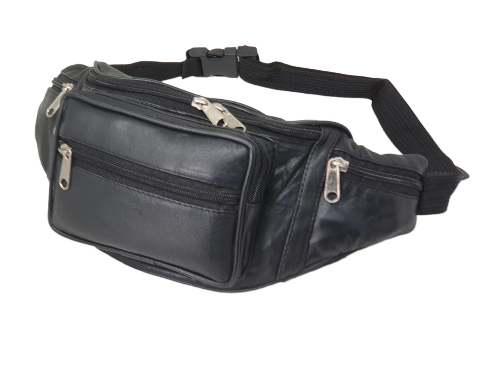 Genuine Leather Fanny Pack Multi Zippered Waist Bag Hip Belt Purse Black Pouch
