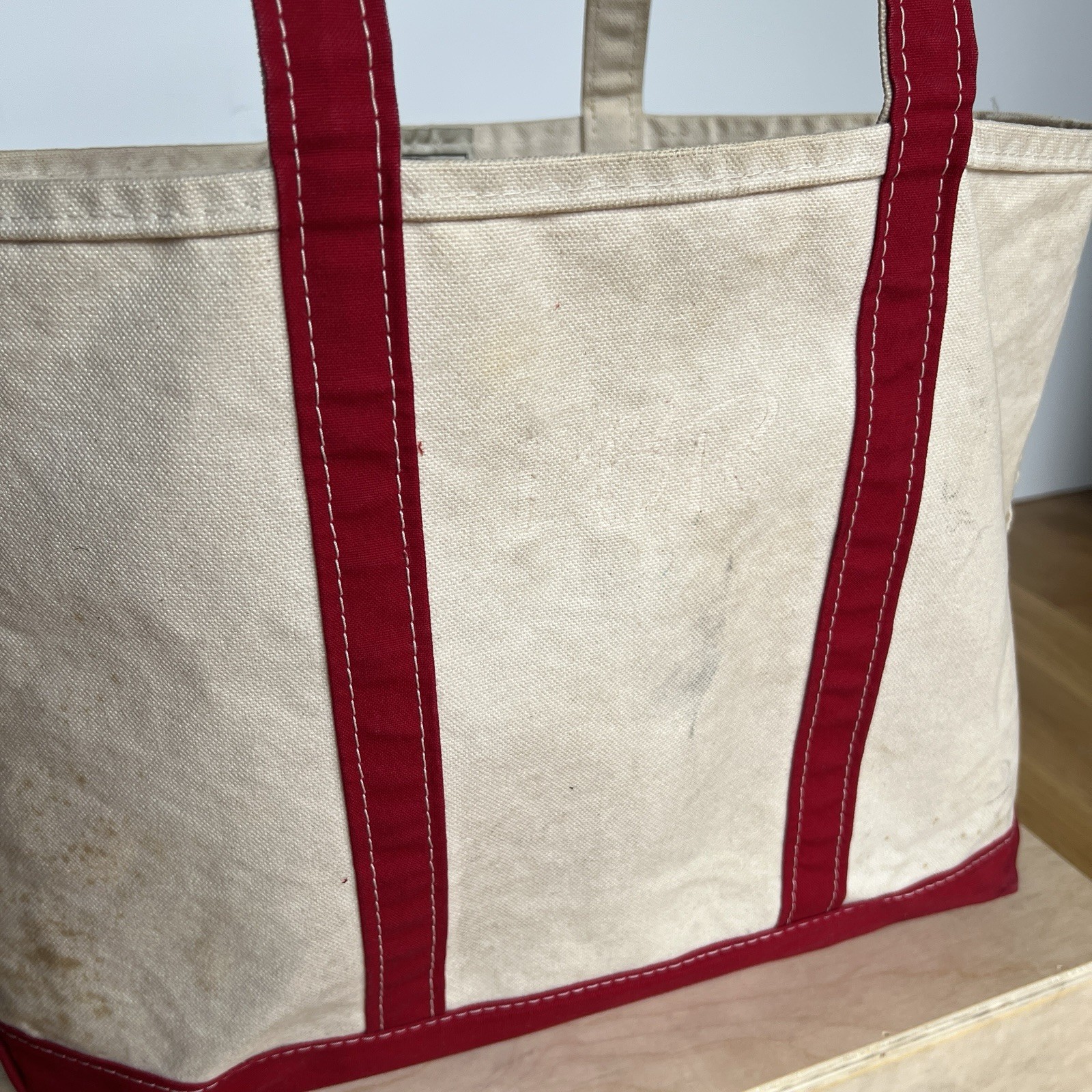 Vintage 90’s 00’s LL Bean Boat and Tote Bag Large Ivory Red Canvas USA Stained