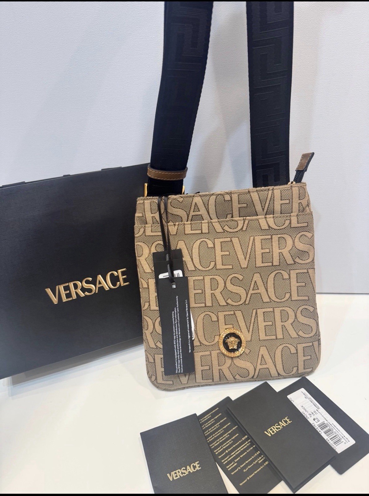 Versace 1020745 La Medusa Canvas Fabric Logo Crossbody All over Bag $850