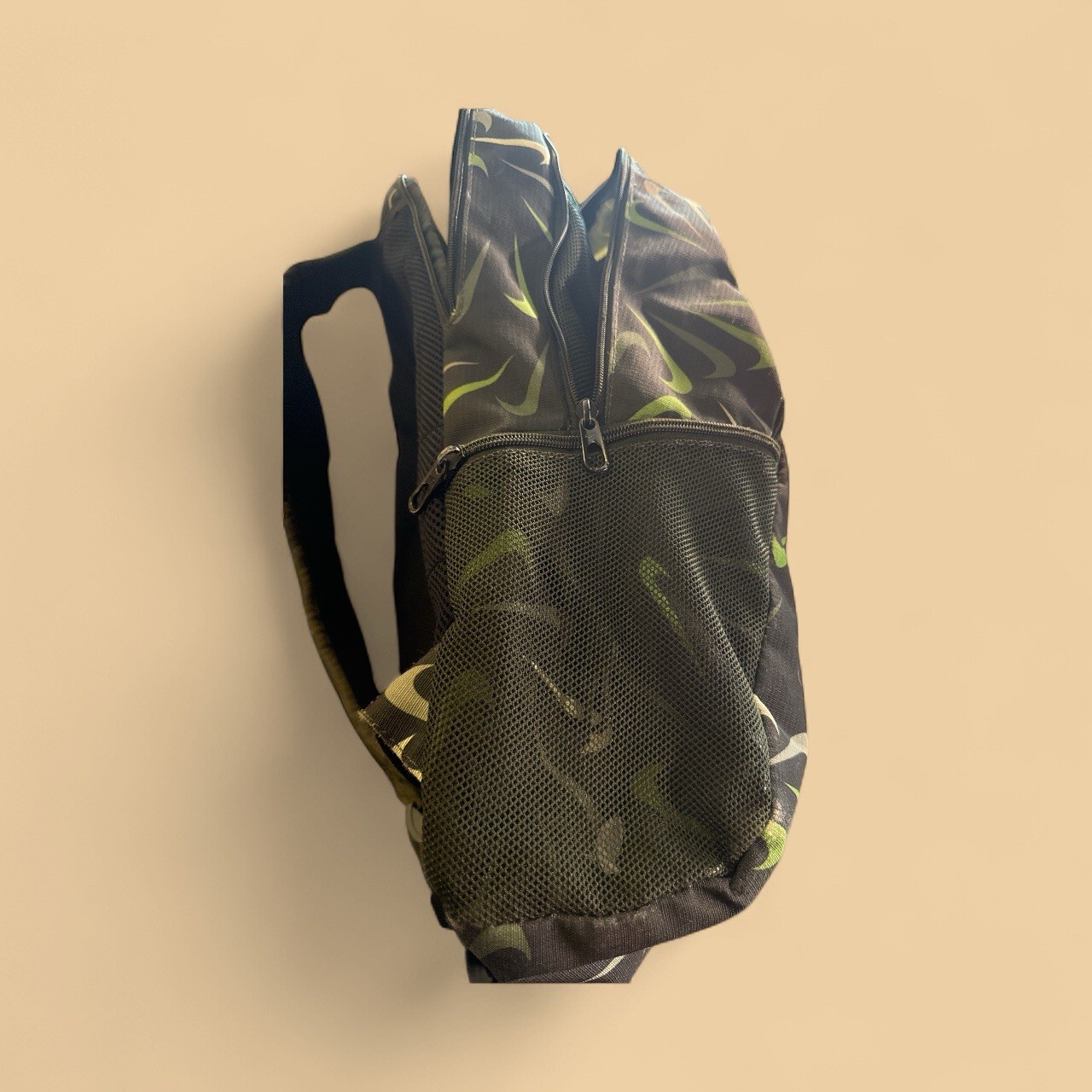 Nike Backpack Black Green Gray Multi Swoosh Print School Travel Bag EUC