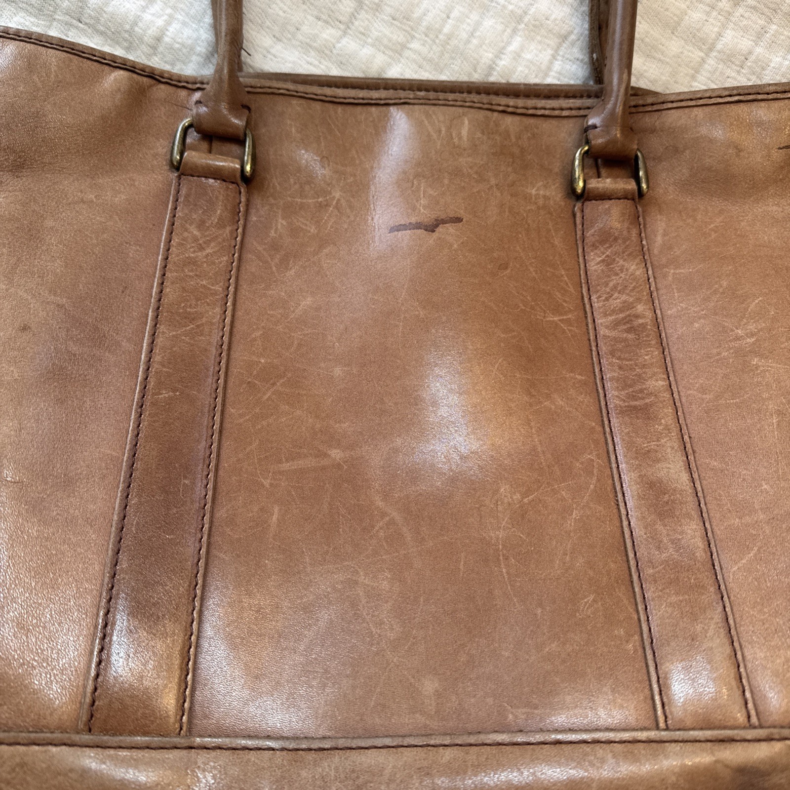 Vintage LL Bean Large Brown Leather Carryall Tote Bag Animal Print Lining