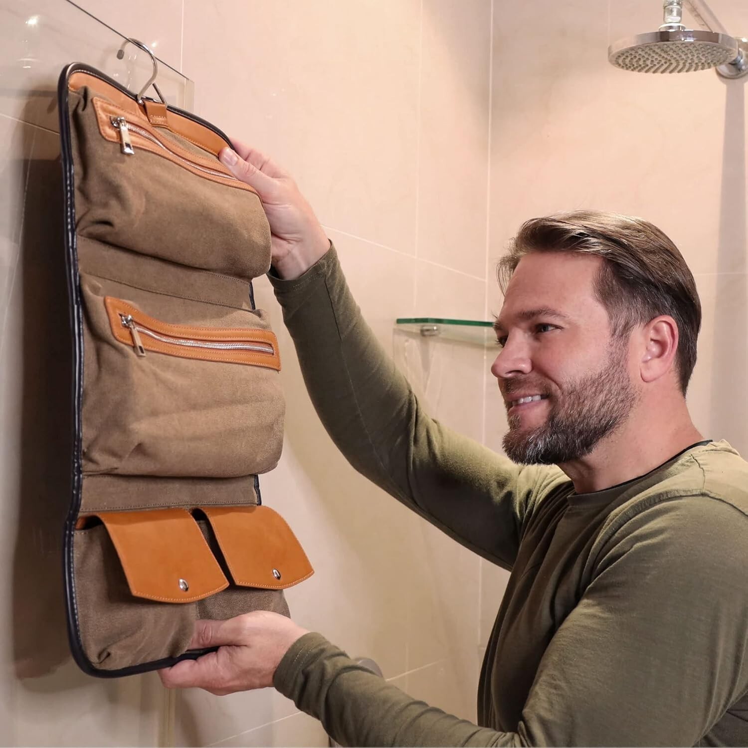 Stylish Water-Resistant Leather Toiletry Bag with Hanging Hook for Travel