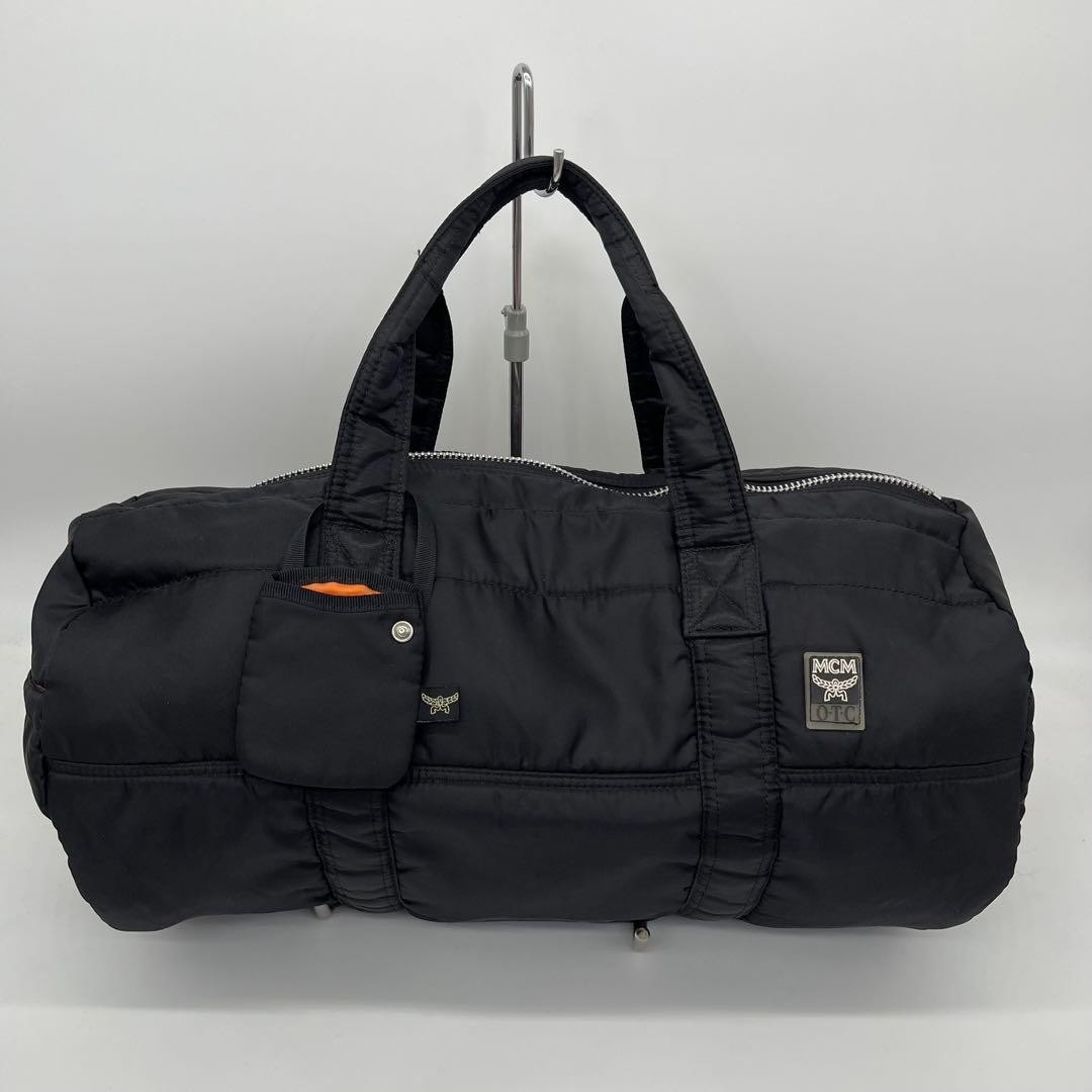 MCM Boston Bag Handbag Large Capacity Black Orange Logo Mens Ladies