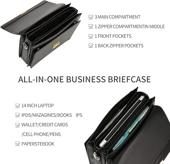 Men’s Leather Briefcase Laptop Messenger Bag, Business Lawyer Hard Case Black
