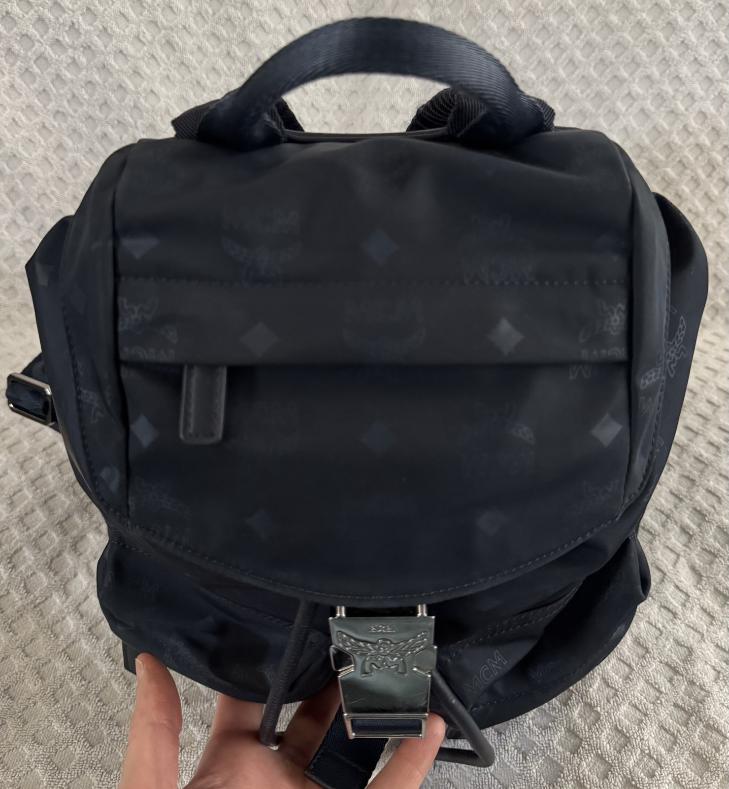 MCM Dieter Two Pocket Monogram Visetos Nylon Leather Flap Backpack Navy Blue Bag