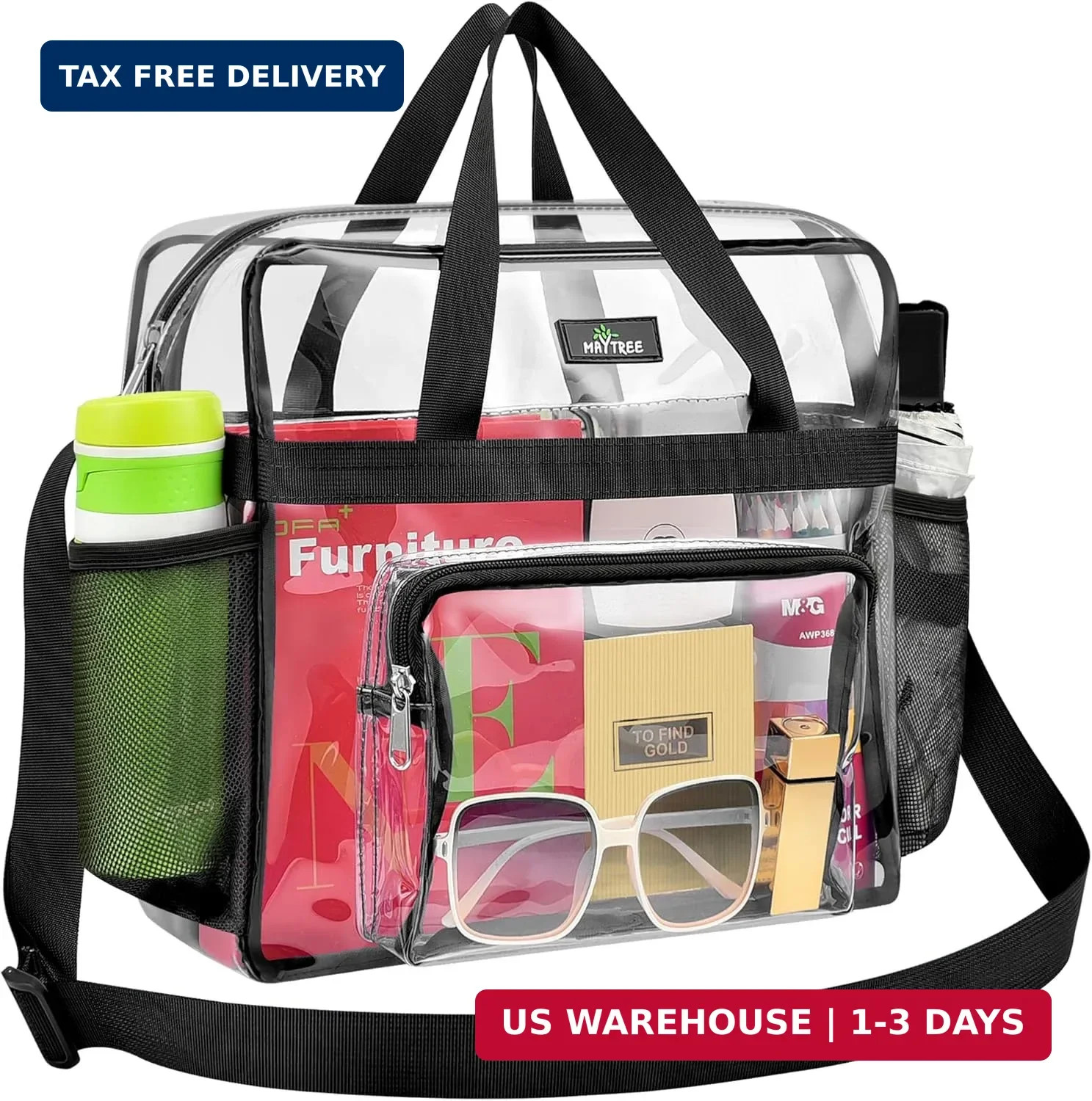 MAY TREE Clear Bag for Stadium Events, 12×5.5×12 Clear Tote Lunch Bag with Non