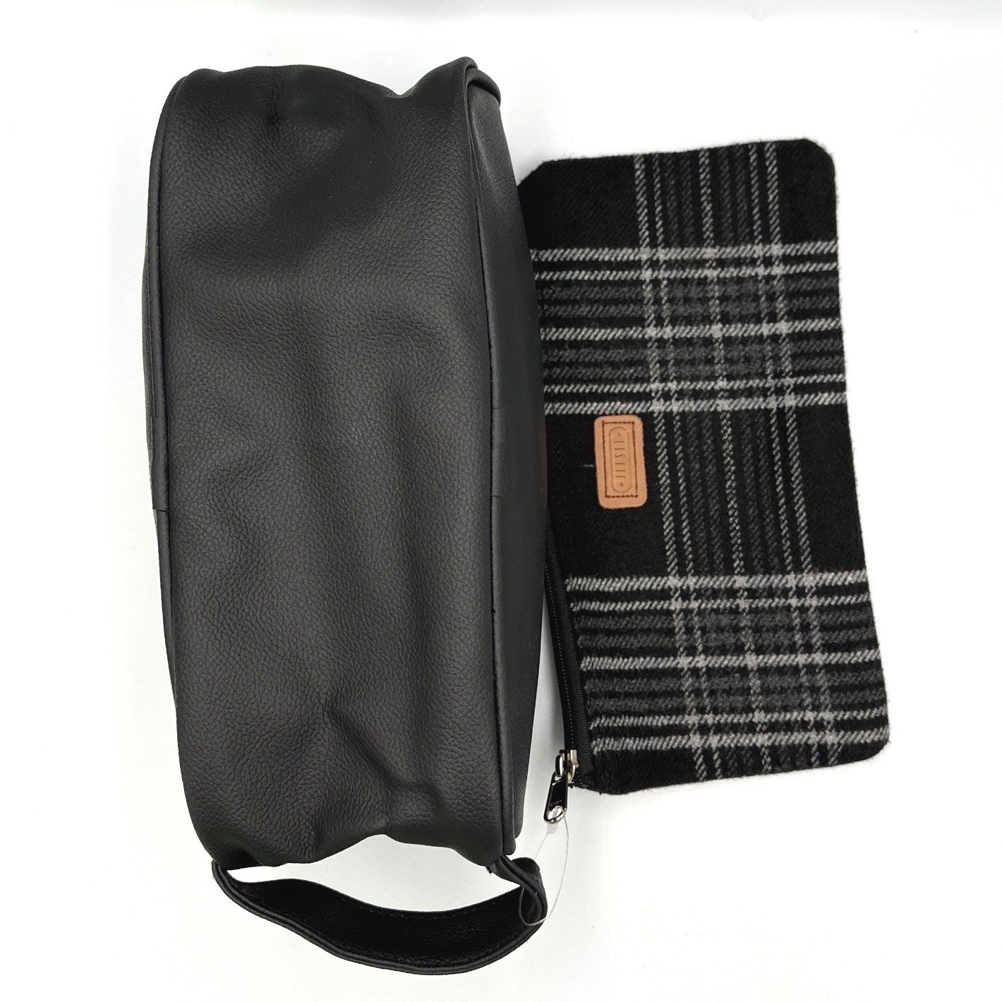 Jet Set Black Faux Leather Dopp Kit & Plaid Zipper Pouch Travel Toiletry Set NEW