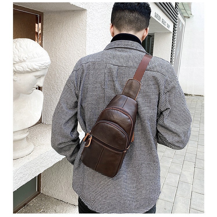 Men’s Genuine Leather Sling Bag Vintage Chest Crossbody Shoulder Multi Pockets M