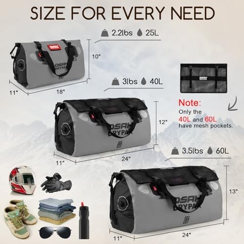 Waterproof Duffel Bag – Motorcycle Dry Bag Tail Bag with Large Storage 25L Grey