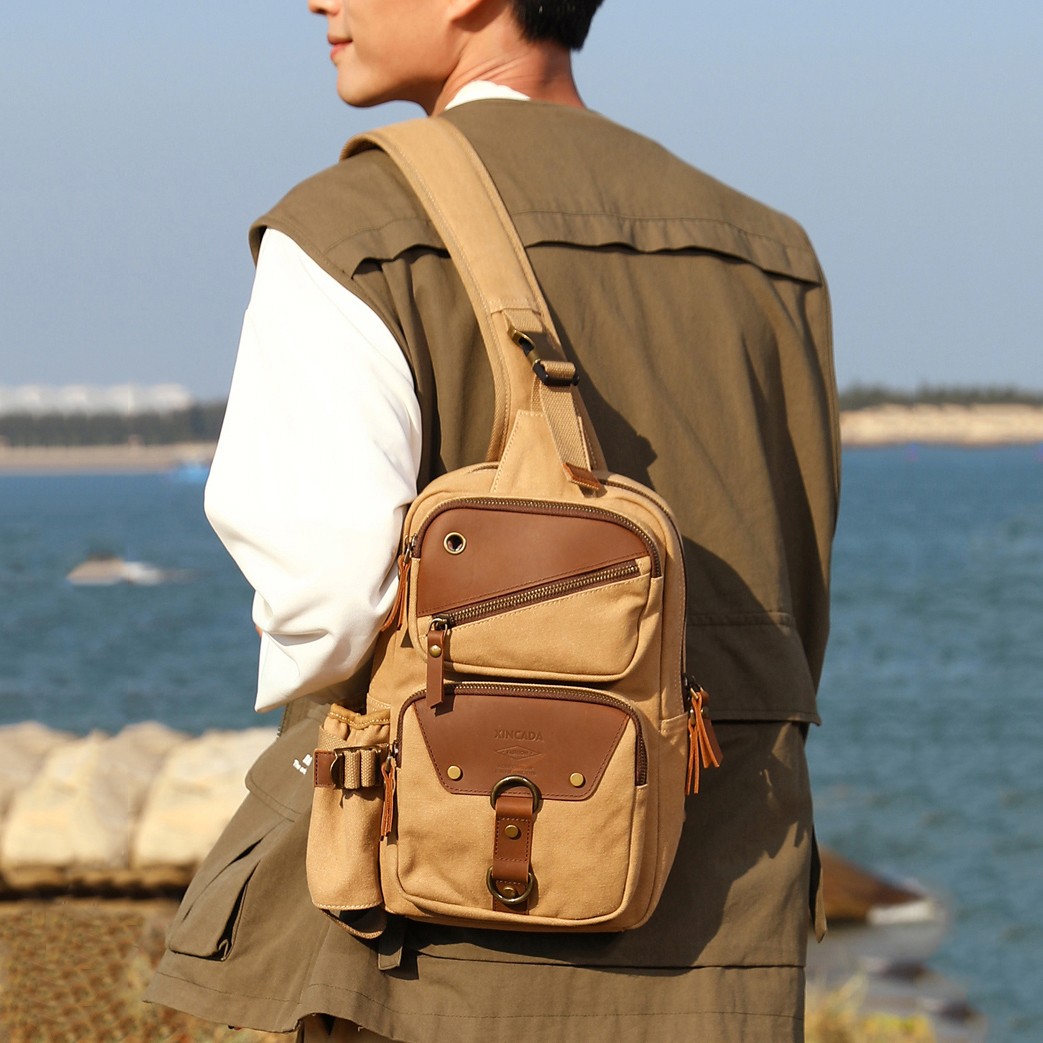 Vintage Canvas Genuine Leather Chest Sling Bag Crossbody Shoulder Backpack