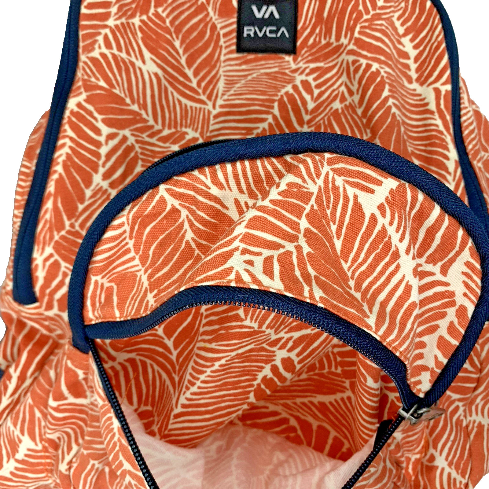 RVCA Backpack Orange Leaf Print Unisex 100% Cotton Lightweight Zip Closure
