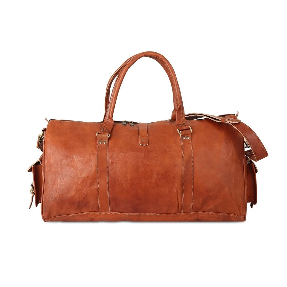 Men’s Spacious genuine goat leather duffel travel gym weekend overnight bag