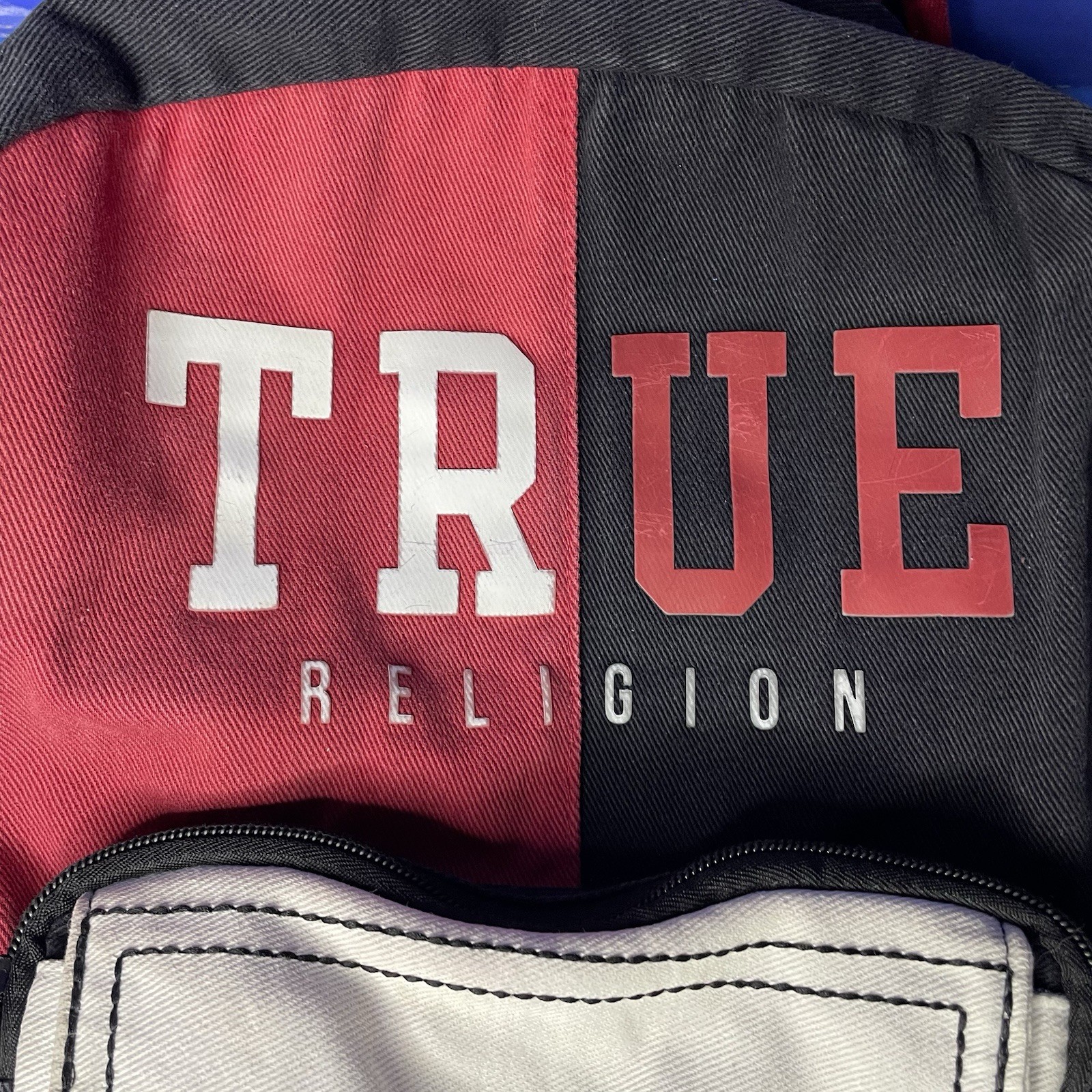 True Religion Black Red White Logo Backpack Book Bag Color Block
