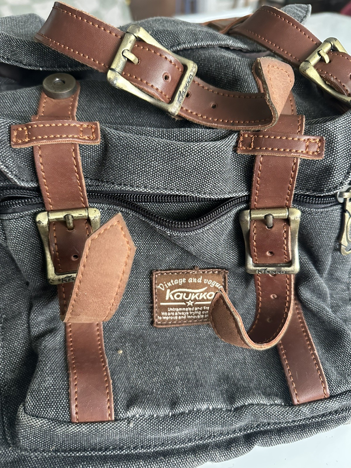 Vintage And Vogue Kaukko Grey Canvas Rucksack Lined Leather Accents Approx 20″