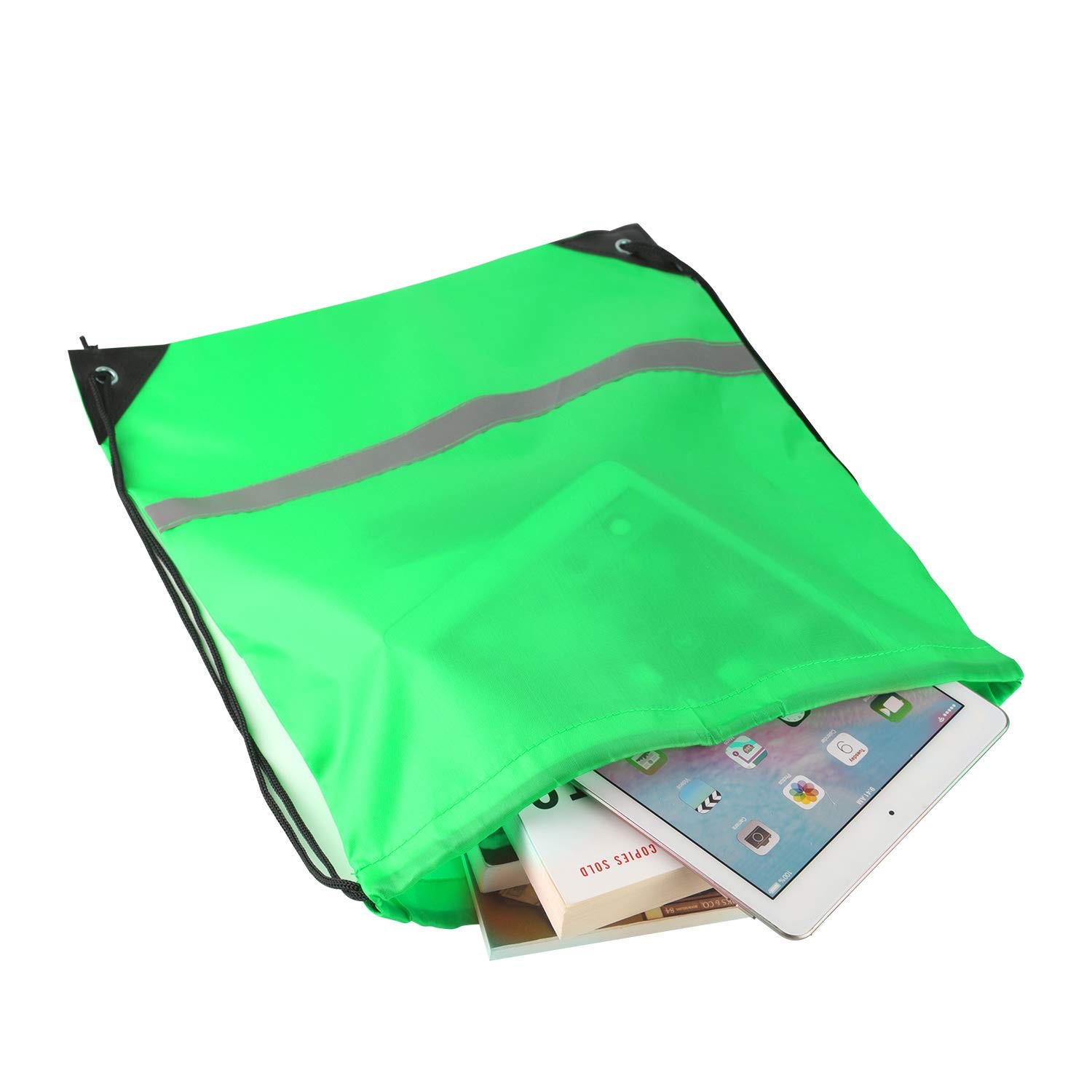 Drawstring Backpack 42×34.5cm Green Reflective 12 Pcs for Gym Yoga Travel