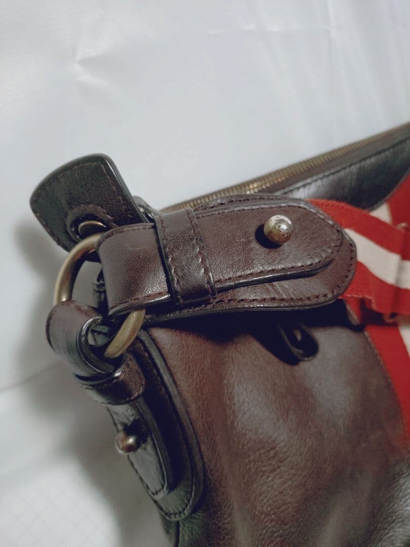BALLY Brown Leather Shoulder Bag Red White Striped Strap Men