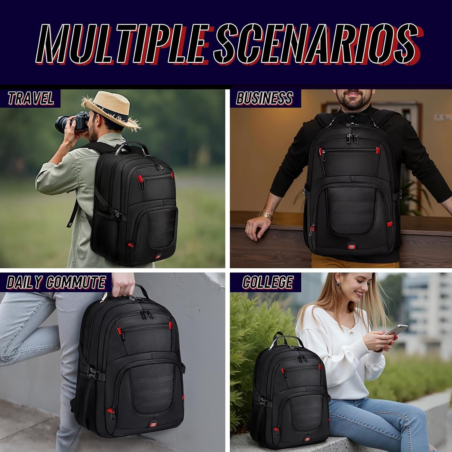 Spacious Carry On 45L Backpack with Padded Laptop Compartment – Travel Black