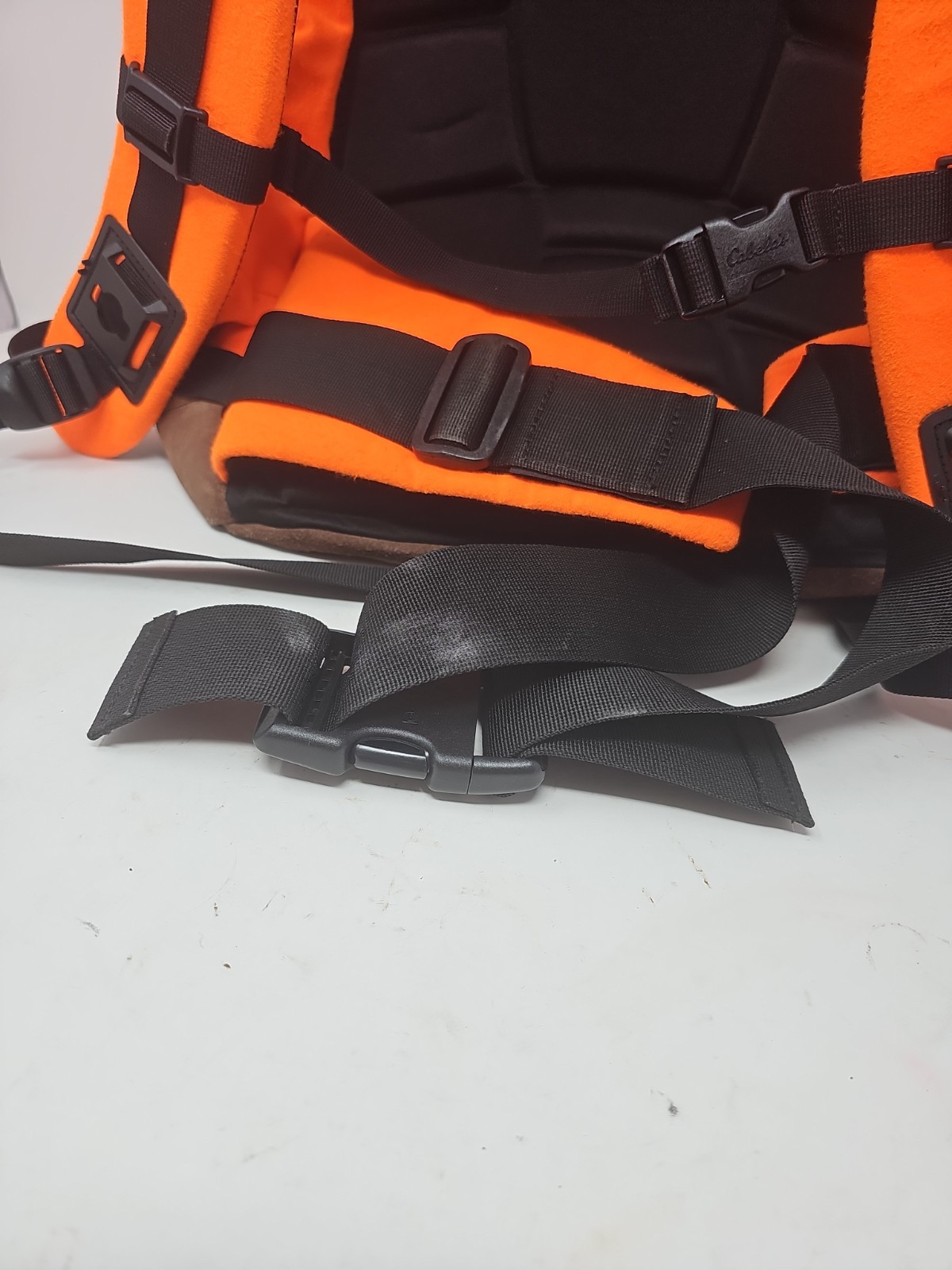 Vtg 90s Cabelas Orange Leather-Bottom Hunting Backpack Fishing Hike Bag USA Made
