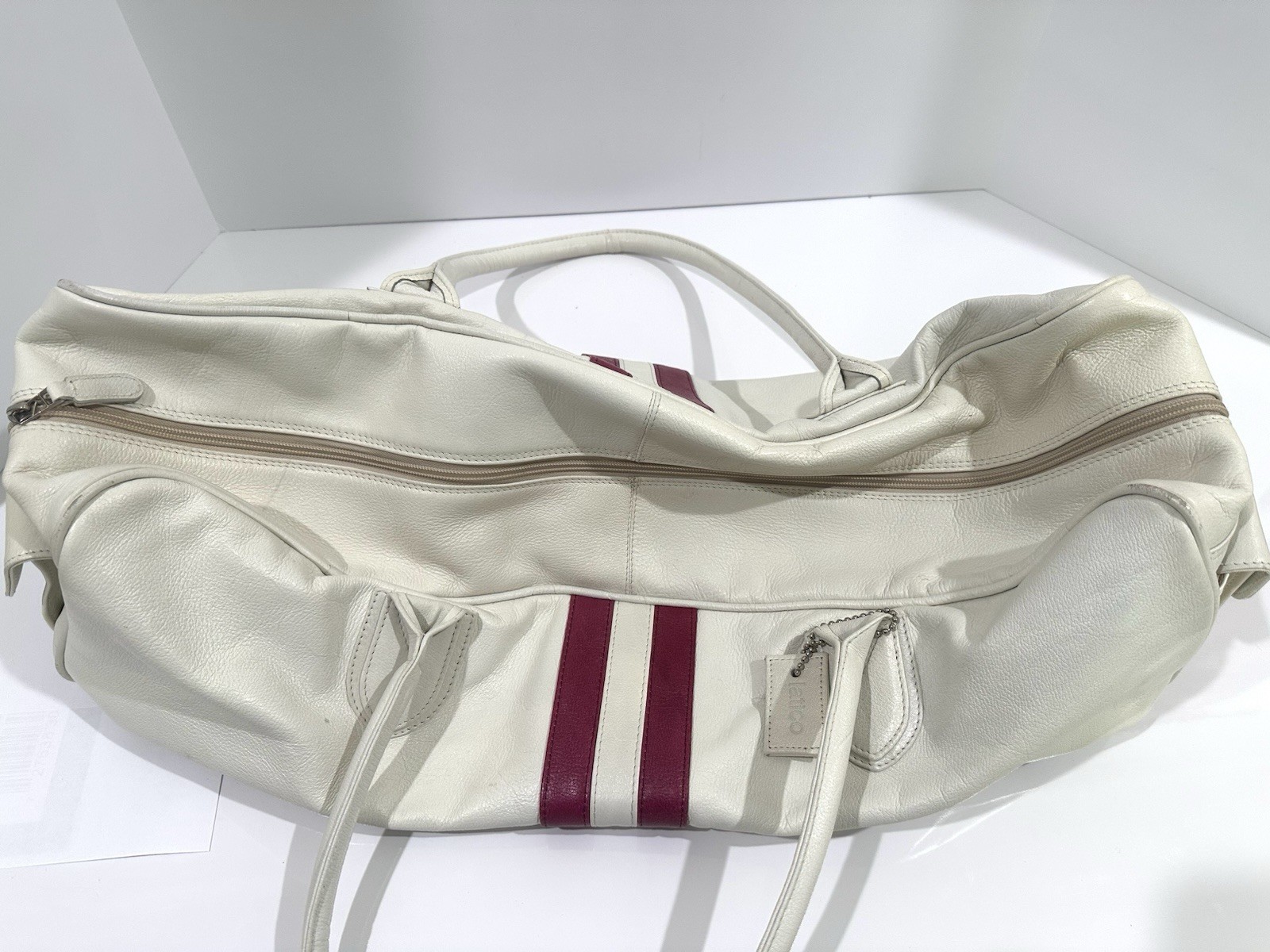 Latico NJ 22” Leather Retro Duffel Weekender Bag White w Pink Bowling Stripes