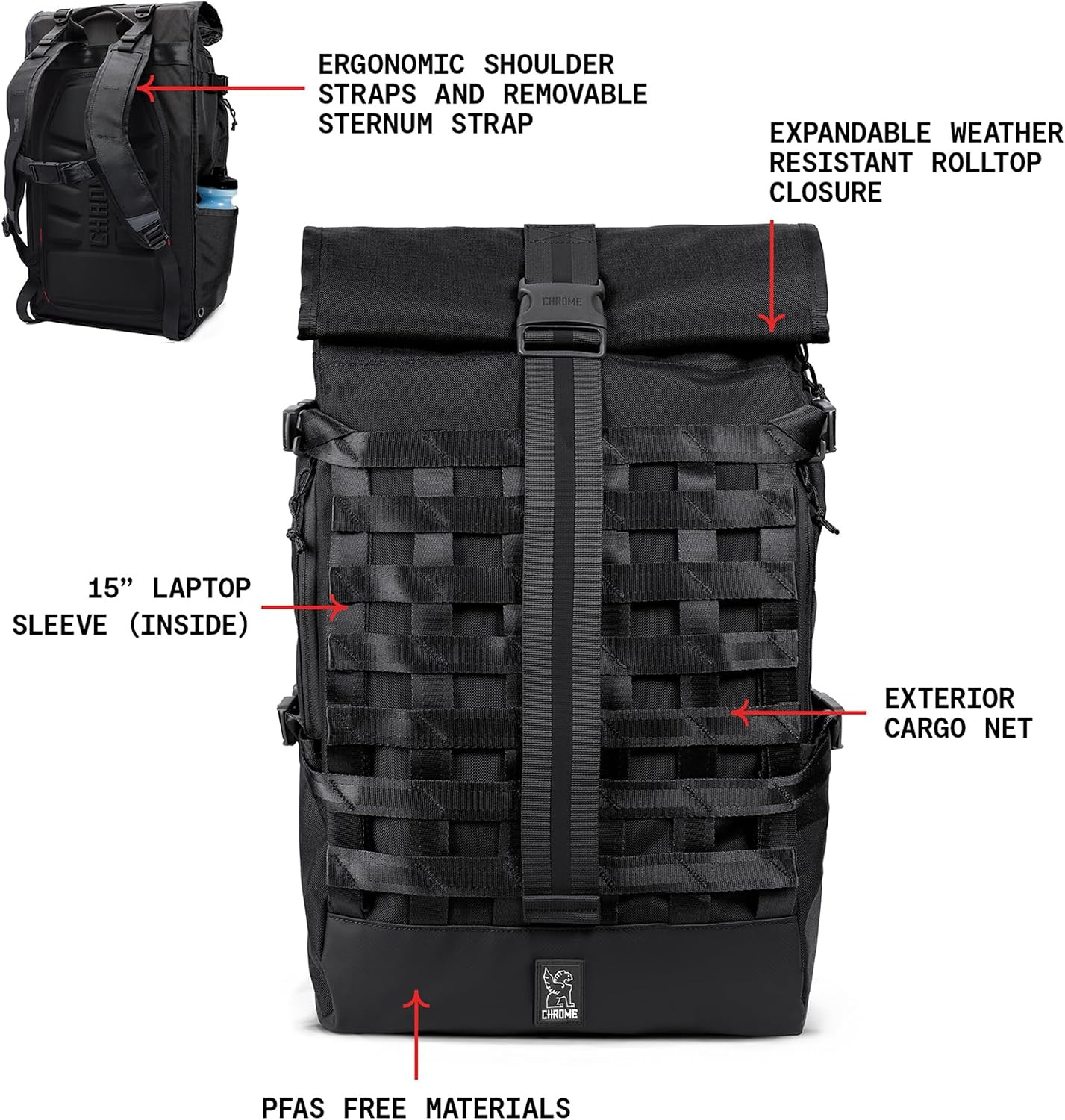Industries Barrage 34L Black Roll-Top Backpack – Water Resistant Bag for Work, S