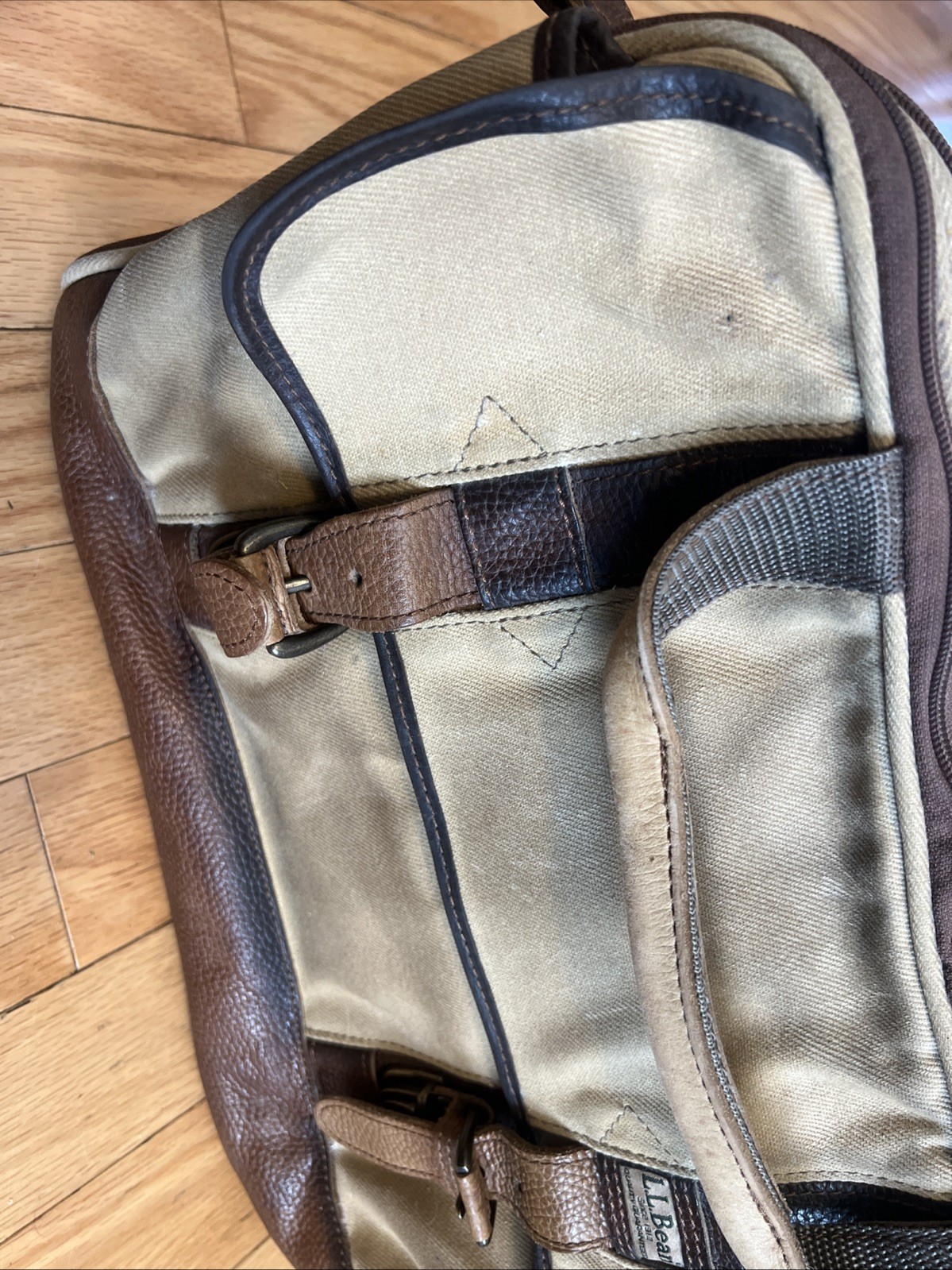 LL Bean Canvas Messenger Crossbody Bag Push Lock Leather Trim Tan Brown