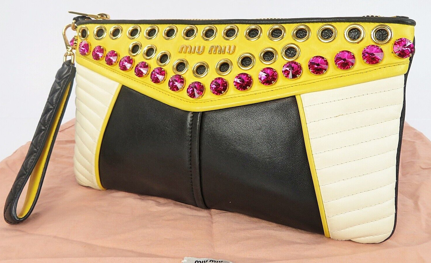 Auth MIU MIU Black & Multicolors Leather & Crystal Clutch Hand Wrist Bag #60125