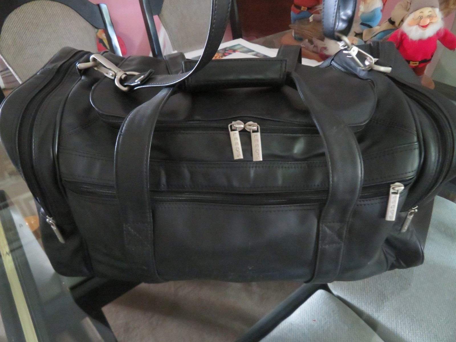 LEEDS Black Genuine Leather Duffel Bag Carry on Travel Gym Weekender 19”