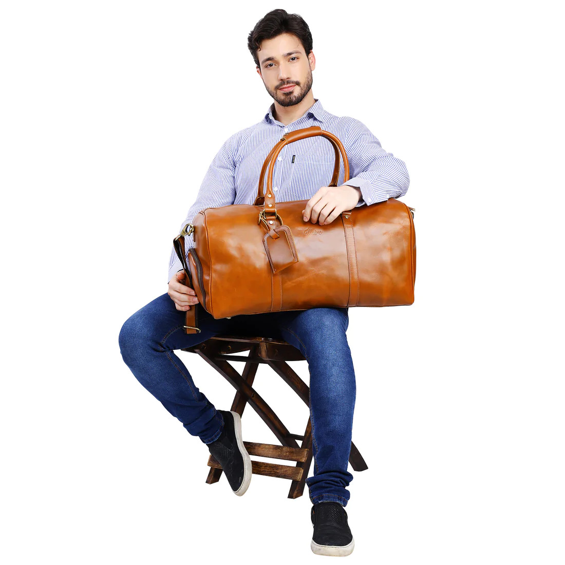 Travel Duffle Bag with Shoe Compartment, Gym Genuine Leather Weekend Overnight