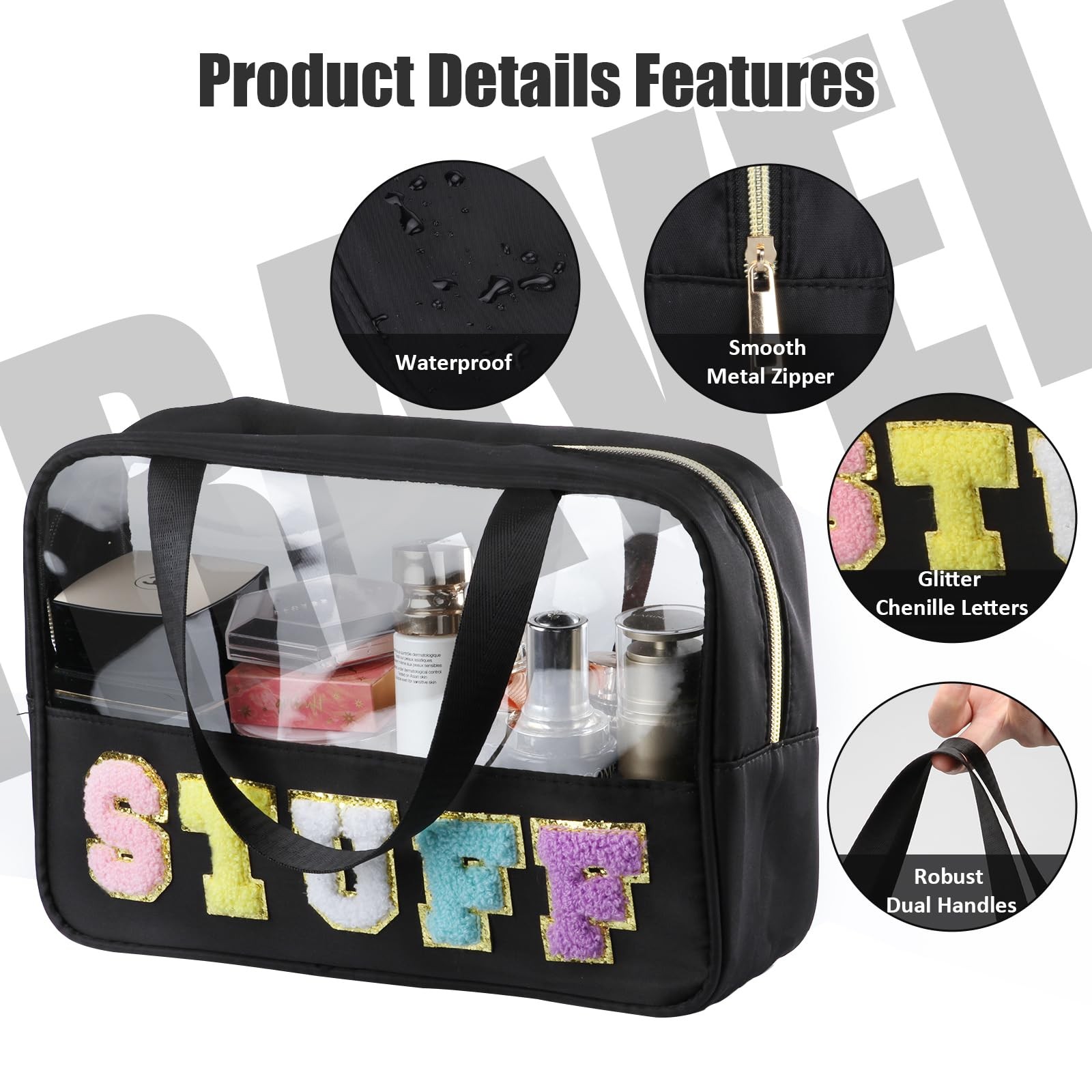 BuyCard Aesthetic Preppy Stuff Bags for Travel, Clear Stuff-Black
