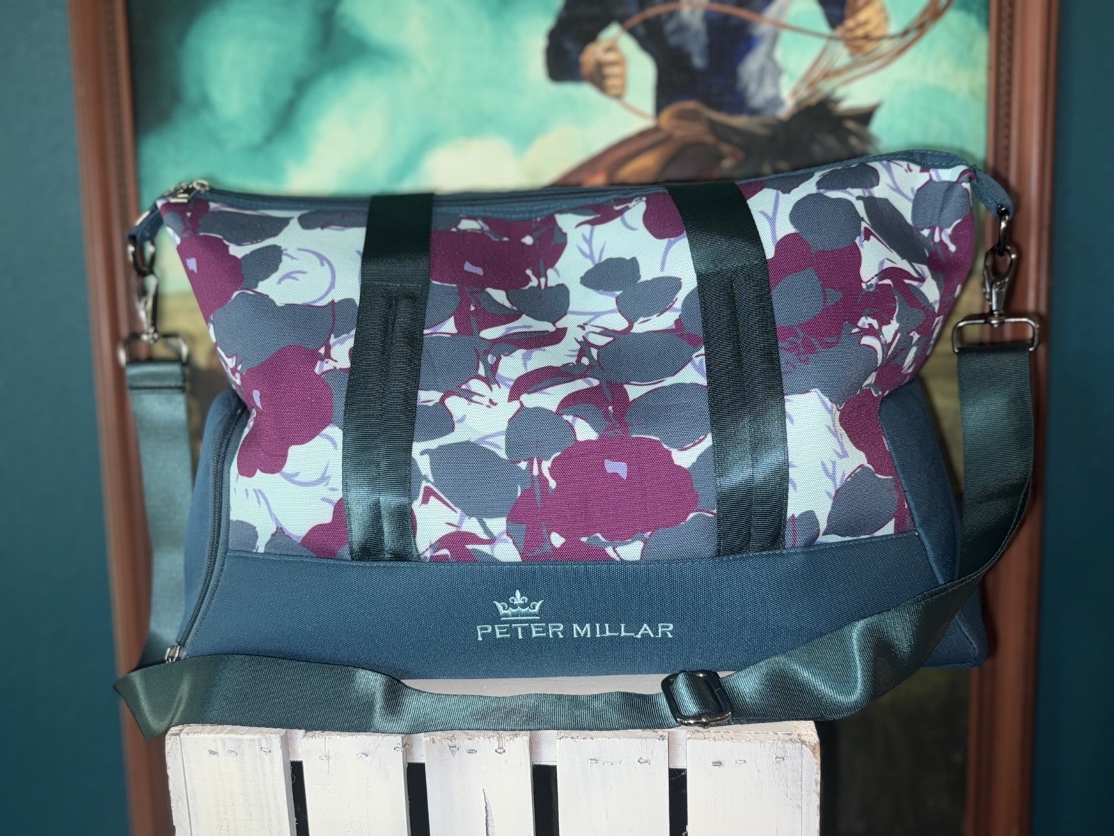 Peter Millar Golf Teal Floral Print Overnight Travel Weekender Duffle Bag