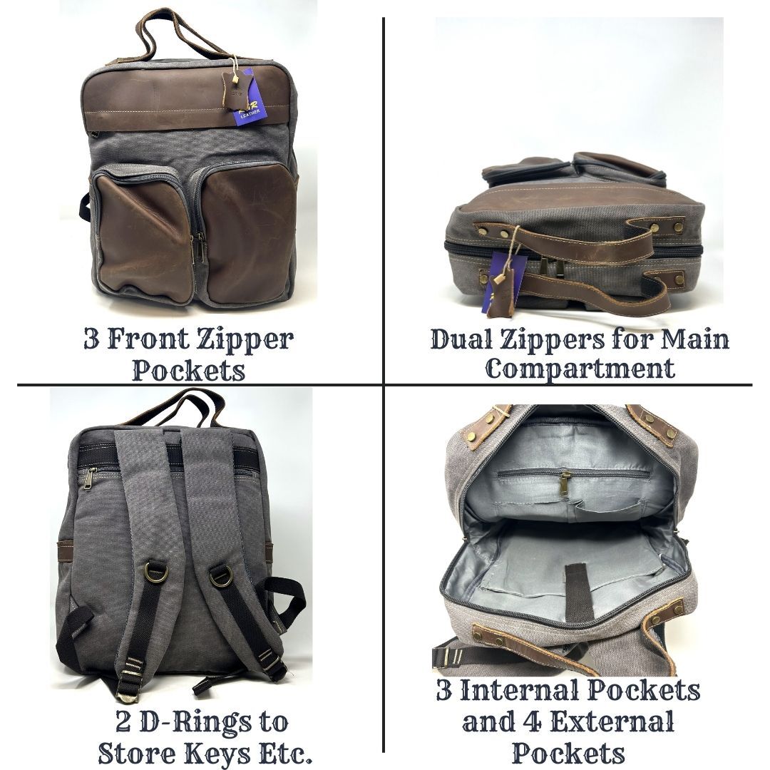 R&R Leather and Canvas Laptop Backpack Bag – Dark Grey