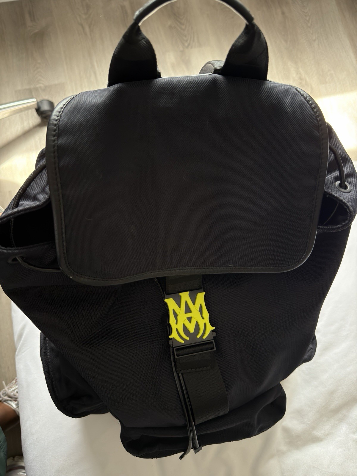 AMIRI Large Black Backpack Yellow Logo Drawstring Buckle, Pockets Unisex